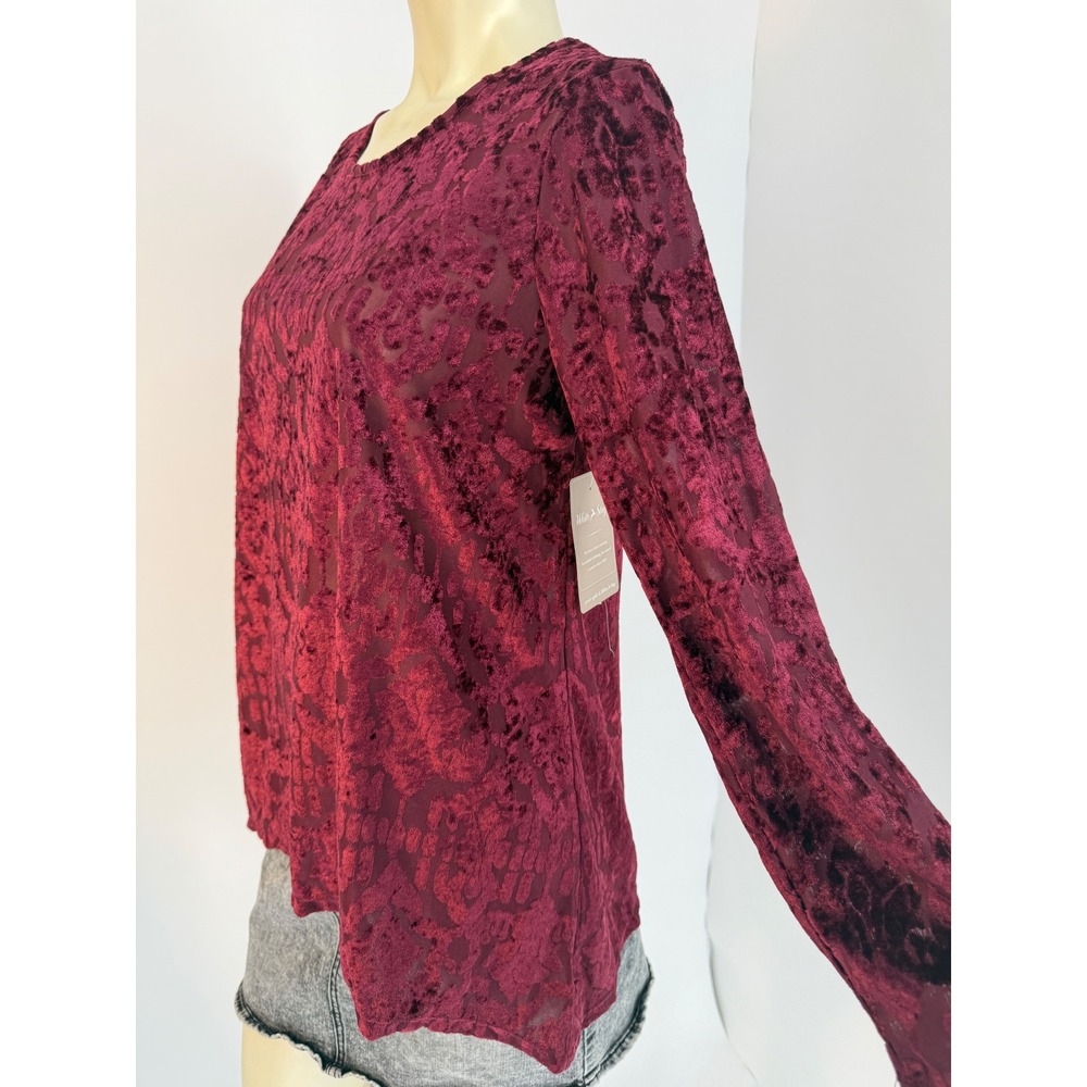 White Stag Womens Burnout Velvet Damask Top Burgundy Wine Sheer Mesh‎ M 8-10